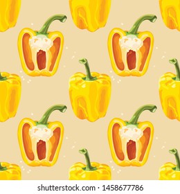 
Seamless pattern with bell peppers. Yellow pepper. Bright, juicy, summer background with vegetable. Wallpaper, print, promotional material, modern textile design, wrapping paper. Vector illustration.