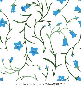 Seamless pattern bellflowers, blue green color, neutral background.