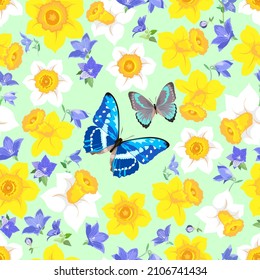 Seamless pattern with bellflowers, daffodils and butterflies on a pale green background