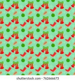 Seamless pattern with bells, cakes and Christmas balls. Vector background for New Year.