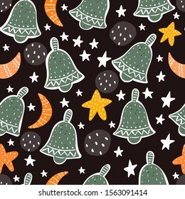Seamless pattern with bells, crescent, stars, decor elements on a neutral background. flat festive vector. Hand drawing for children. baby design for fabric, print, wrapper, textile