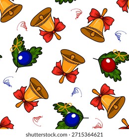 Un patrón sin fisuras con campanas y Navidades decoradas con ramas de abeto. Conveniente para la decoración de la tela, papel de embalaje, Fondo de pantalla, y más.
