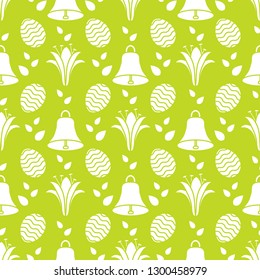 Seamless pattern with bells, lilies, decorated eggs. Happy Easter. Festive background. Design for banner, poster or print.