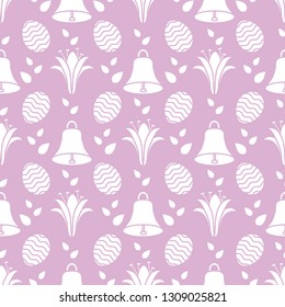 Seamless pattern with bells, lilies, decorated eggs. Happy Easter. Festive background. Design for banner, poster or print.