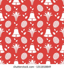 Seamless pattern with bells, lilies, decorated eggs. Happy Easter. Festive background. Design for banner, poster or print.