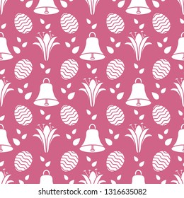 Seamless pattern with bells, lilies, decorated eggs. Happy Easter. Festive background. Design for banner, poster or print.