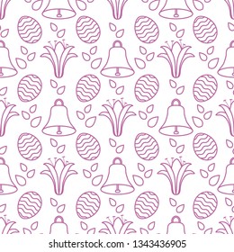 Seamless pattern with bells, lilies, decorated eggs. Happy Easter. Festive background. Design for banner, poster or print.