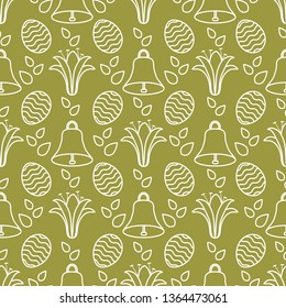 Seamless pattern with bells, lilies, decorated eggs. Happy Easter. Festive background. Design for banner, poster or print.