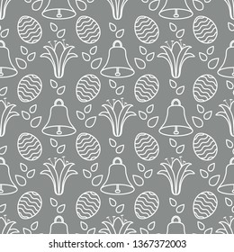 Seamless pattern with bells, lilies, decorated eggs. Happy Easter. Festive background. Design for banner, poster or print.