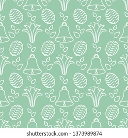 Seamless pattern with bells, lilies, decorated eggs. Happy Easter. Festive background. Design for banner, poster or print.