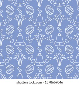 Seamless pattern with bells, lilies, decorated eggs. Happy Easter. Festive background. Design for banner, poster or print.