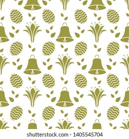 Seamless pattern with bells, lilies, decorated eggs. Happy Easter. Festive background. Design for banner, poster or print.