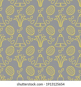 Patrón inmaculado con campanas, lirios, huevos decorados. Feliz Pascua. Fondo festivo. Diseño para banner, afiche o impresión. Iluminación y gris extremo.