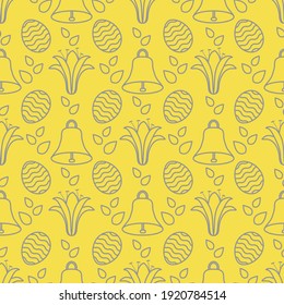 Seamless pattern with bells, lilies, decorated eggs. Happy Easter. Festive background. Design for banner, poster or print. Illuminating and Ultimate Gray.