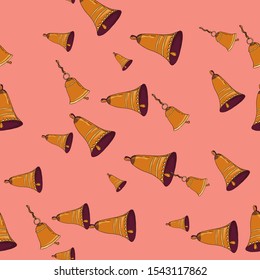 Seamless pattern with bells in old retro style. Christmas  design for wrapping paper, background. Holly and jingle bell craft paper imitationThe attributes of Christmas and New year. Vector illustrati