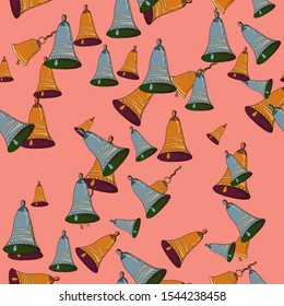 Seamless pattern with bells in old retro style. Christmas  design for wrapping paper, background. Holly and jingle bell craft paper imitationThe attributes of Christmas and New year. Vector illustrati