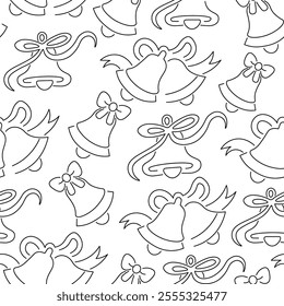 Seamless pattern with bells with ribbons in doodle style in vector. Element for decoration postcards poster print background backdrop wrapping wallpaper banner