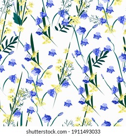 Seamless pattern with bells and yellow flowers on a white background