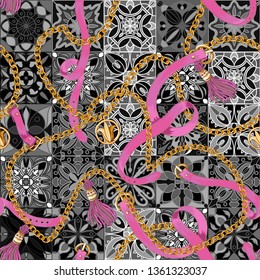 Seamless pattern with belt, chain on majolica background. 