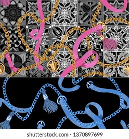 Seamless pattern with belt, chain on majolica background.