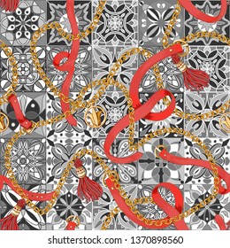 Seamless pattern with belt, chain on majolica background. 