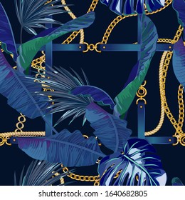 Seamless pattern with belt, chains and palm leaves. Abstract print. Baroque trend. Vector illustration