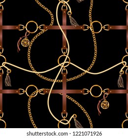 Seamless pattern with belts, chain and braid for fabric design. 