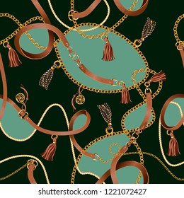 Seamless pattern with belts, chain and braid for fabric design. 