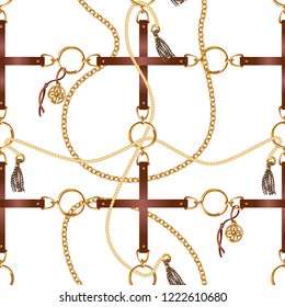 Seamless pattern with belts, chain and braid for fabric design. 