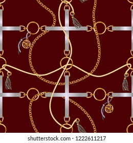 Seamless pattern with belts, chain and braid for fabric design. Vector