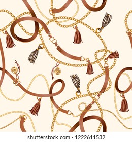 Seamless pattern with belts, chain and braid for fabric design. 