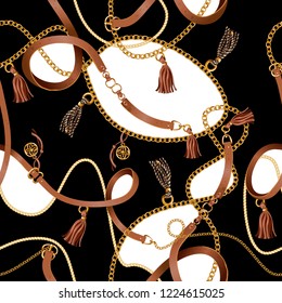 Seamless pattern with belts, chain and braid for fabric design. Vector