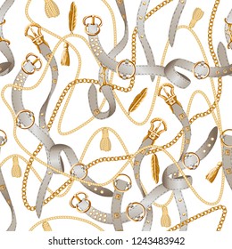 Seamless pattern with belts, chain and braid for fabric design.