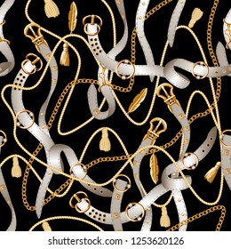 Seamless pattern with belts, chain and braid for fabric design.