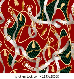 Seamless pattern with belts, chain and braid for fabric design.
