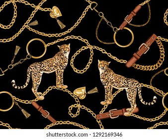 Seamless pattern with belts, chain and braid, leopard. Isolated on black background. Exotic jungle wallpaper. Perfect for fabric desidn, wallpapers, web page backgrounds, surface textures