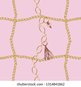 Seamless pattern with belts, chain and braid for fabric design. Pink pastel color.