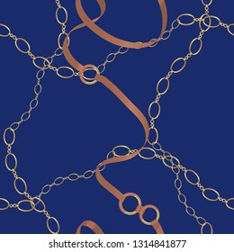 Seamless pattern with belts, chain and braid for fabric design. Navy color.