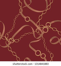 Seamless pattern with belts, chain and braid for fabric design. Maroon color.