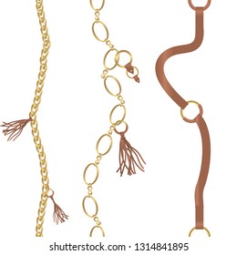 Seamless pattern with belts, chain and braid for fabric design. White color.