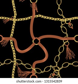 Seamless pattern with belts, chain and braid for fabric design. Black color.