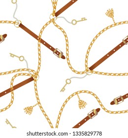 Seamless pattern with belts, chain, braid, Golden Key and pearls.  Baroque print with jewelry elements. Background for fabric design. 1t