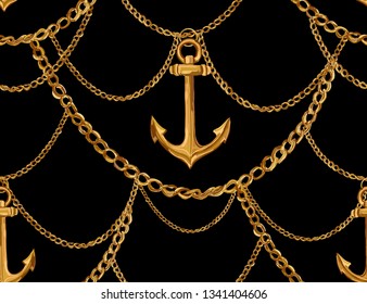Seamless pattern with belts, chain and braid. Isolated on black  background. Exotic jungle wallpaper. Perfect for fabric desidn, wallpapers, web page backgrounds, surface textures