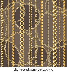 Seamless pattern with belts, chain on bright animal skin background for fabric. Trendy repeating print.