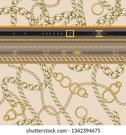 Seamless pattern with belts and chain on bright background for fabric. Trendy repeating border print.