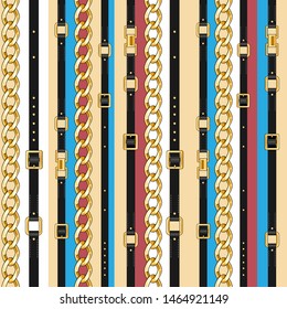 Seamless pattern with belts and chain on striped for fabric. Trendy repeating print.