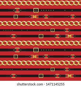 Seamless pattern with belts and chain on red for fabric. Trendy repeating print.