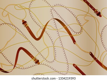 Seamless pattern with belts, chain and pearls.  Baroque print with jewelry elements. Seamless vector pattern with . Background for for fabric design.