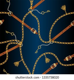 Seamless pattern with belts, chain, tassel, braid, Golden Key and pearls.  Baroque print with jewelry elements. Background for fabric design. 1t