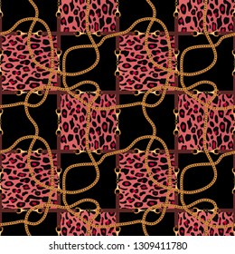Seamless pattern with belts, chain and texture of leopard skin. Background for for fabric design. Vector.